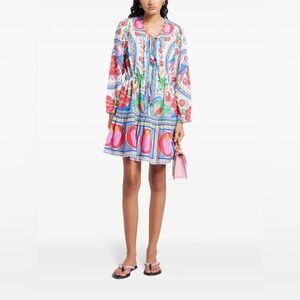 Farm Rio Flowers beach colorful tropical mini dress v neck long sleeve size XL